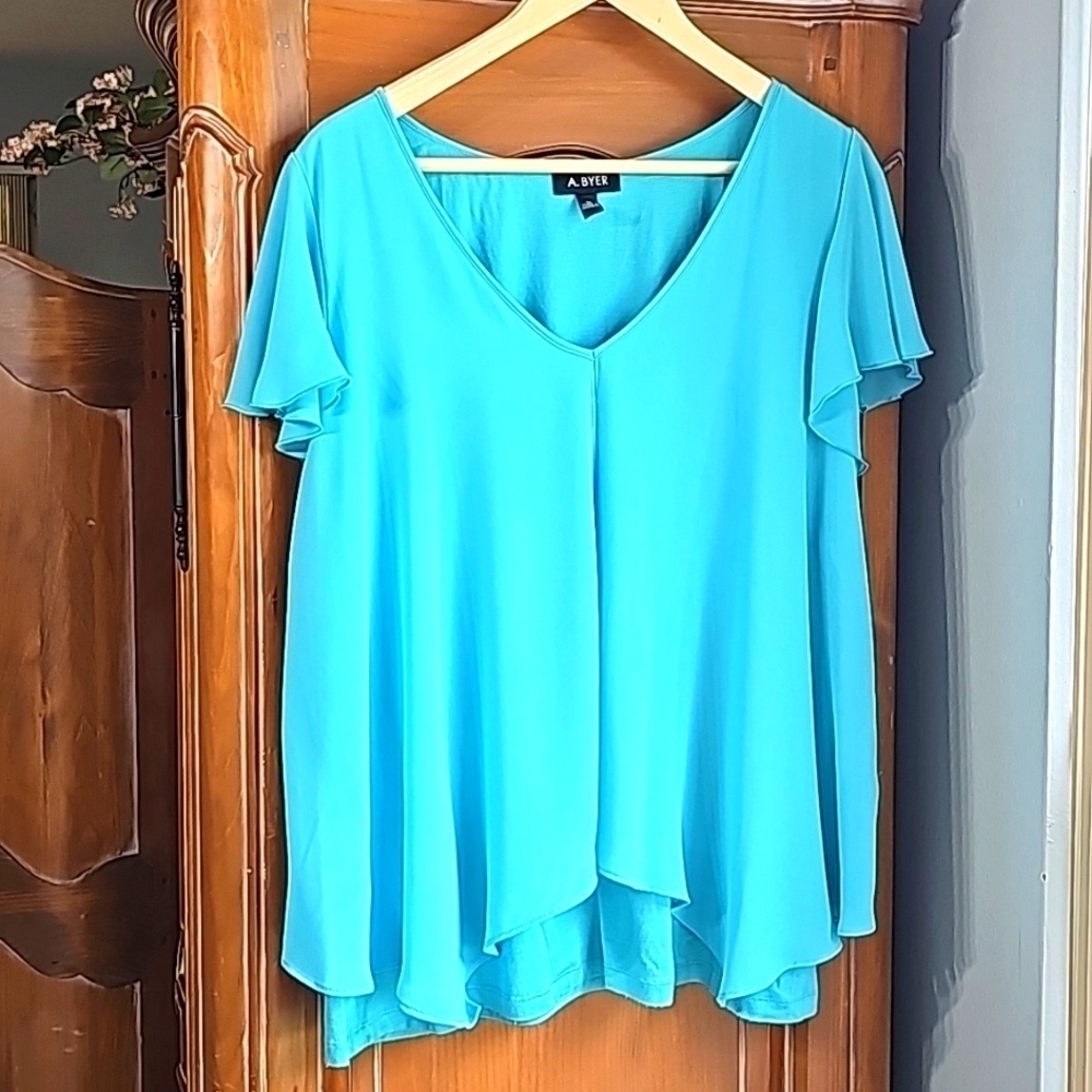 A. BYER, 1X over lay tourqwise blouse. SHEER sleeves.‎ NICE..